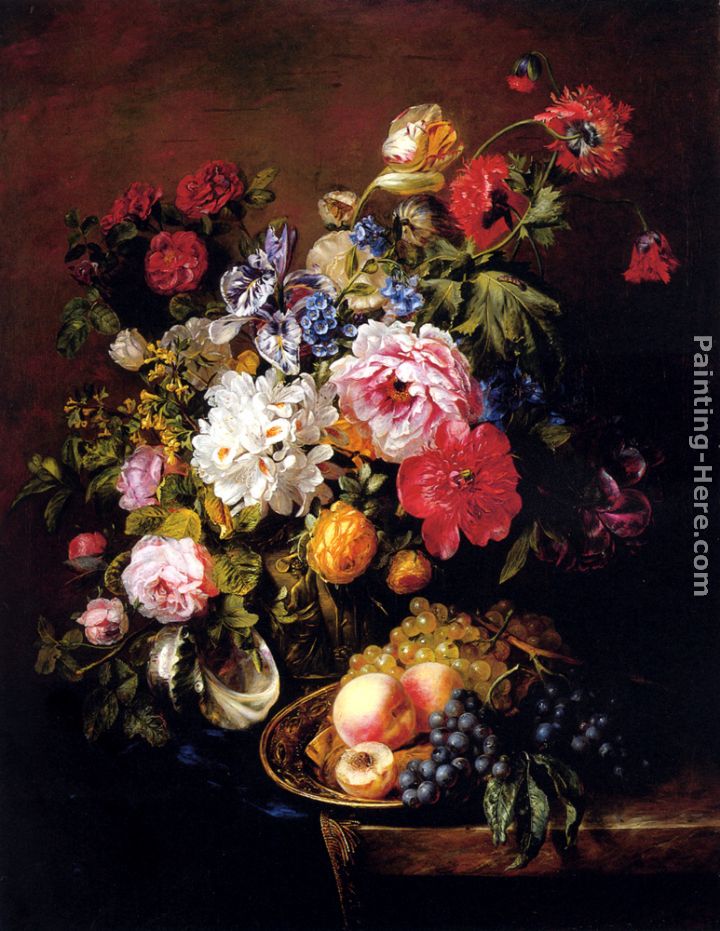 Adriana-Johanna Haanen Roses, Peonies, Poppies, Tulips And Syringa In A Terracotta Pot With Peaches And Grapes On A Copper Ewer On A Draped Marble Ledge